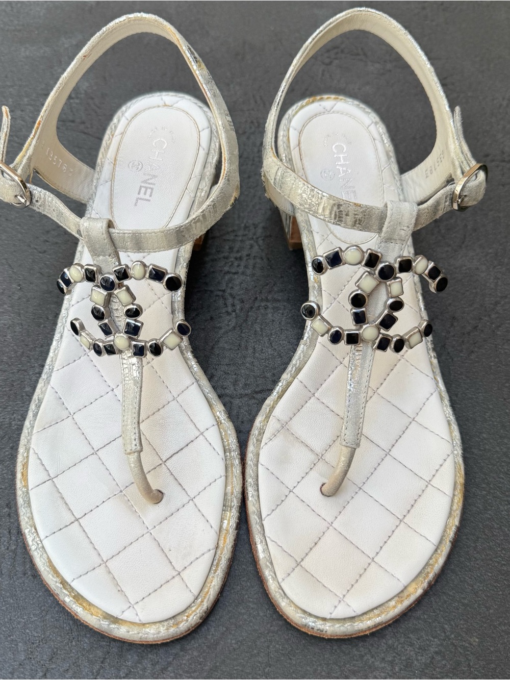 Chanel T-Strap Thong Logo Sandals, Sz 37 1/2 C (wider width)